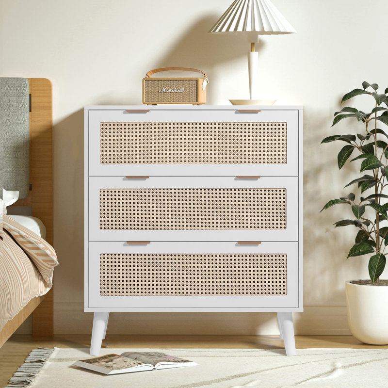3 Drawer Dresser for Bedroom Rattan Storage Closet Dressers Chest of Drawers Wood Modern Cabinet